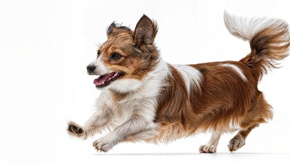 Fototapeta premium Playful Brown and White Puppy Running and Smiling against a Transparent or White Background Joyful Pet Portrait Radiating Energy and Vibrancy, Perfect for Digital Art, Home Decor, and Design