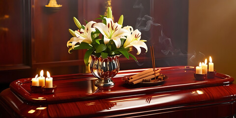 Funeral Scene with Casket, Flowers, and Soft Candlelight

