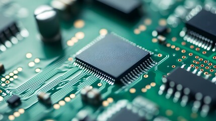 Close up of microchip on circuit board technology