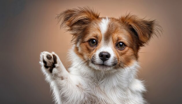 Playful Pup Waving Goodbye A Small Brown White Dog Bids Adieu with a Charming Smile, Framed Against the Backdrop of a Cozy Home
