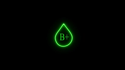 Neon glowing icon or water drop. black background and black screen. Neon blood group icon. Eight blood group drops appear on the screen, symbolizing the details of the blood group.