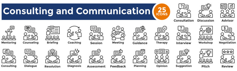 Consultation and communication icon collection set. Containing interview, discussion, meeting, opinion, session, negotiation, briefing, suggestion, resolution icon. Simple line vector illustration.