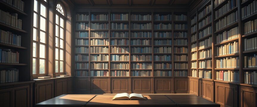 Cozy classic library interior with sunlit wooden bookshelves and reading table