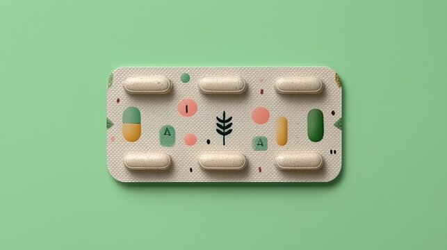 Eco friendly pill packaging showcasing a plastic free blister pack on a pastel green background promotes sustainable health solutions and innovation in pharmaceutical design