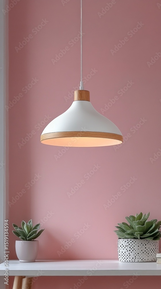 Poster a contemporary pendant lamp with a sleek design illuminates a small space. below, two potted succule