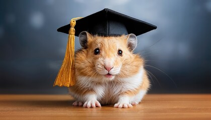 Intelligent Hamster in Graduation Cap Celebrating Academic Milestone amidst Vibrant Playground Backdrop, Embracing Colorful Education and Achievement.