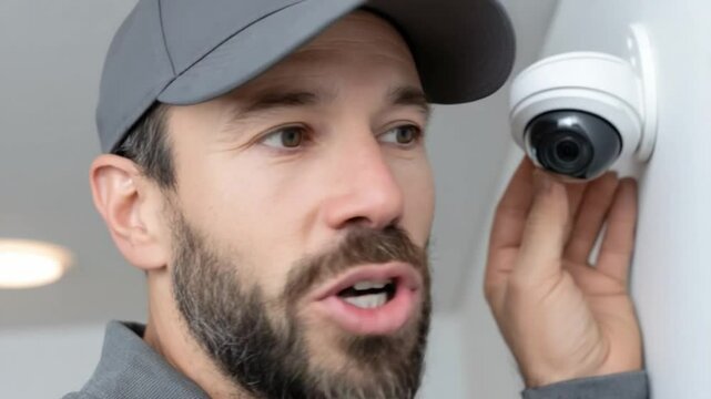 Professional installing security camera: A skilled professional expertly installs a surveillance camera, meticulously ensuring its optimal placement for enhanced security and monitoring capabilities.
