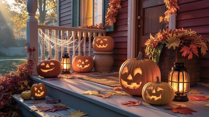 Obraz premium Halloween, Lit jack-o'-lanterns & autumn decor on porch steps.