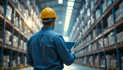 Warehouse worker wearing safety helmet using digital tablet for inventory management in a large modern storage facility