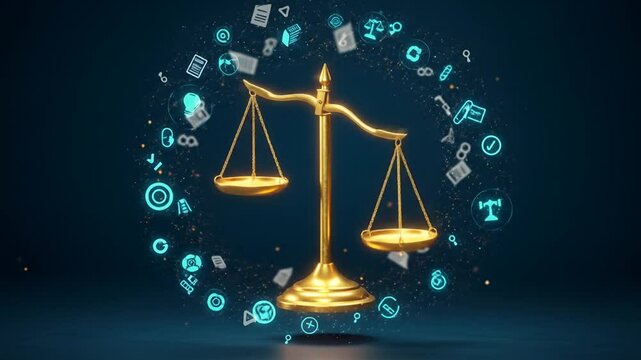 Golden scale of justice with abstract symbols