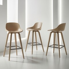 Modern light wood counter height stools with grey metal footrests