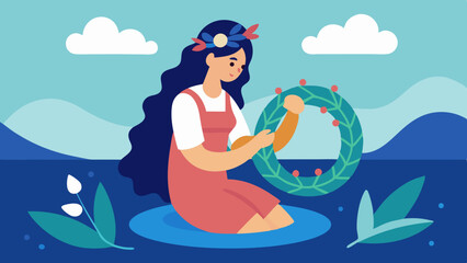 Girl sitting in water making a floral wreath during a peaceful summer day in nature