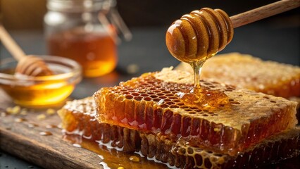 Macro Shot of Dripping Golden Honeycomb in Warm Studio Light