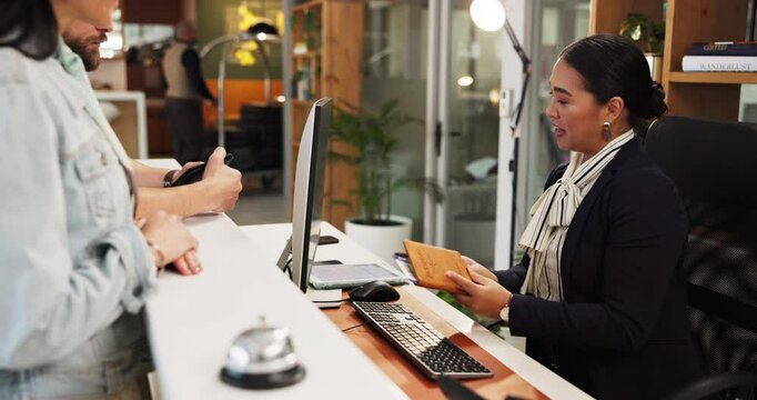 Hotel, receptionist and guests with passport for check in, reservation and concierge service. Hospitality industry, employee and people with arrival for accommodation, holiday booking or confirmation