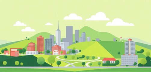 Geometric flat design illustration of a green city landscape with simple cityscape elements ,  sustainable,  plants