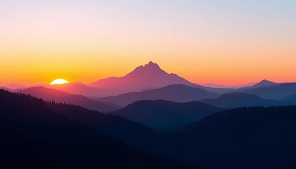 Geometric minimalist sunrise mountain landscapes Flat style vector illustration of polygonal misty terrain, slopes, forest, clear sky,  view,  geometric