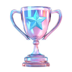 Vibrant glossy 3D trophy cup in a striking pastel color palette featuring a prominent blue star design creating a modern abstract and visually captivating representation of achievement and success
