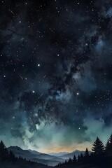 Dreamy landscapes with visible milky way and constellations in watercolor style