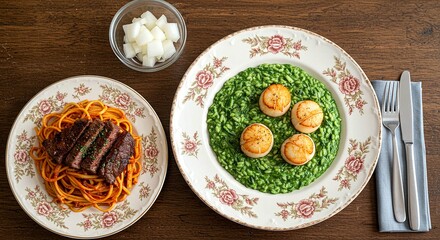 Elegant Italian Dinner with Steak Pasta and Spinach Risotto with Scallops
