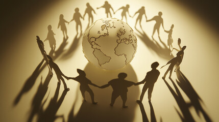 Group of people holding hands as silhouettes symbolizing global teamwork and unity
