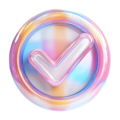 A colorful 3D rendered vibrant pastel check mark icon on a transparent circular button with a soft glowing halo effect against a white background