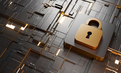 secure digital fortress a gleaming golden padlock sits prominently atop a complex, futuristic...