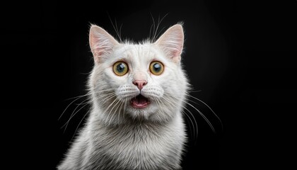 Startled White Cat Against a Stark Black Backdrop A HighResolution Gigapixel Portrait Capturing Surprise and Elegance