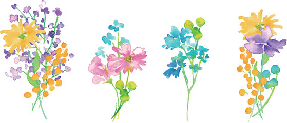 水彩画。水彩タッチのカラフルな花花束イラスト。色とりどりの花のベクターフレーム背景。Watercolor painting. Colorful flower bouquet illustration with watercolor touch. Colorful flowers vector frame background.
