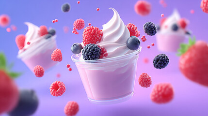 Frozen yogurt cups elegantly floating midair with fresh berries