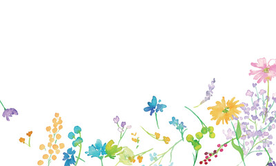 水彩画。水彩タッチのカラフルな花花束イラスト。色とりどりの花のベクターフレーム背景。Watercolor painting. Colorful flower bouquet illustration with watercolor touch. Colorful flowers vector frame background.
