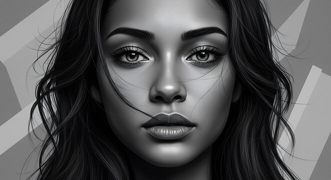 Black and white digital portrait of a woman with flowing windswept hair, expressive eyes, and soft gaze, set against an abstract geometric background in grayscale