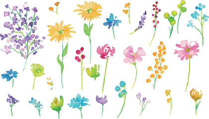 水彩画。水彩タッチのカラフルな花花束イラスト。色とりどりの花のベクターフレーム背景。Watercolor painting. Colorful flower bouquet illustration with watercolor touch. Colorful flowers vector frame background.