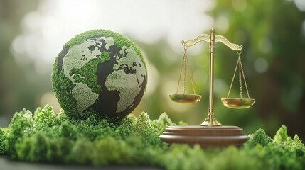 Globe on green grass with balance scales symbolizing justice and finance