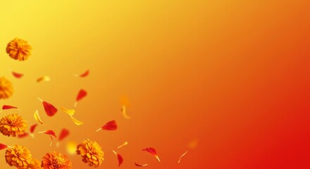 Gradient from golden yellow to orange-red, marigold petals floating in the air, right center copy space