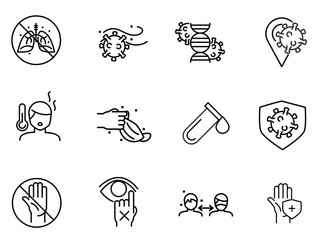 Medical care and covid 19 virus line bicolor style icon set vector