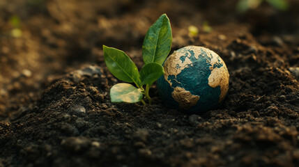 Earth globe resting on green grass with leaves symbolizing nature, environment, and global care