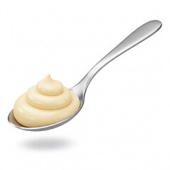 Glossy mayonnaise in a spiral shape rests on a metal spoon,