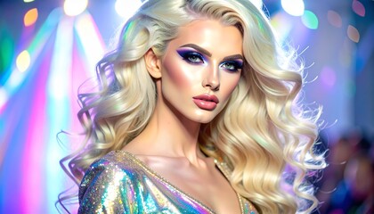 Runway Glam: Drag Queen in Glittering Gown with Dramatic Makeup and Big Hair