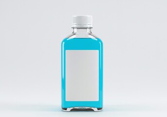 Bottle with Blue Liquid and Blank Label on Light Background