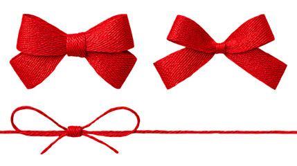 Three small handmade red twine bows isolated on white or transparent png