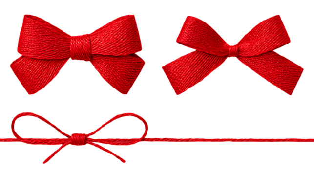 Three small handmade red twine bows isolated on white or transparent png