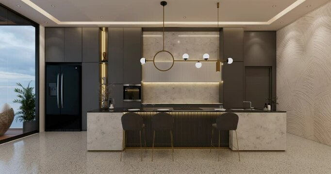 Modern Luxury Kitchen Animation, Multiple Material Variants, White, Grey, Black, wood and Gold, 4K
