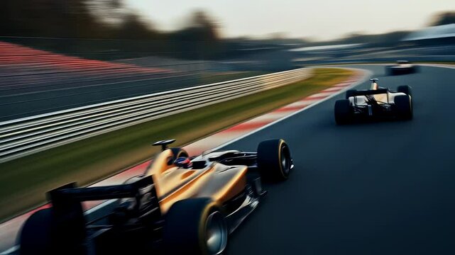 Exciting Formula One racing cars driving at a high speed in race track