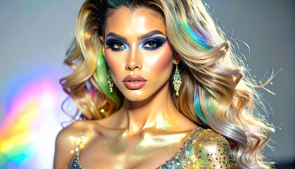 Fierce Drag Queen in Sparkling Gown and Dramatic Makeup Strutting the Runway