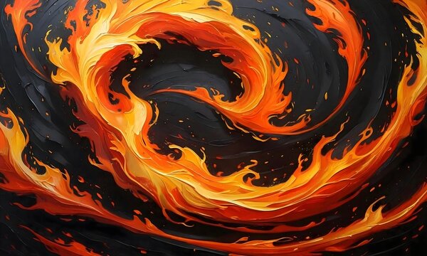 Abstract fiery swirls of red and orange form a heart-shaped vortex pattern on a black background, perfect for a passionate and energetic design