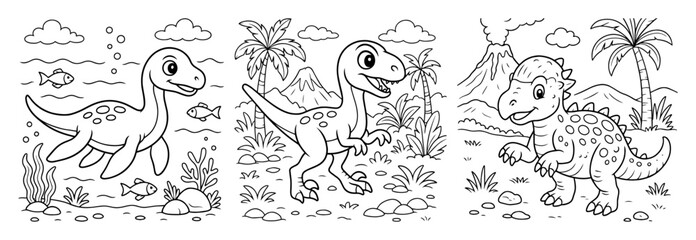 cute dinosaurs prehistoric scene hand drawn vector