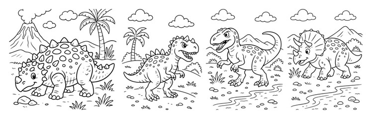 dinosaur battle scene with volcano and jungle vector