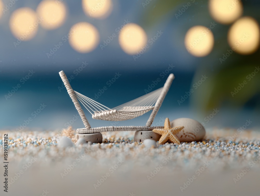 Poster relax hammock beach concept. Miniature hammock on sand with soft bokeh lights in the background evokes a tranquil beach scene.