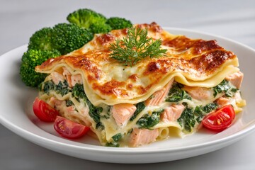 Delicious salmon and spinach lasagna garnished with dill and served with broccoli and tomatoes