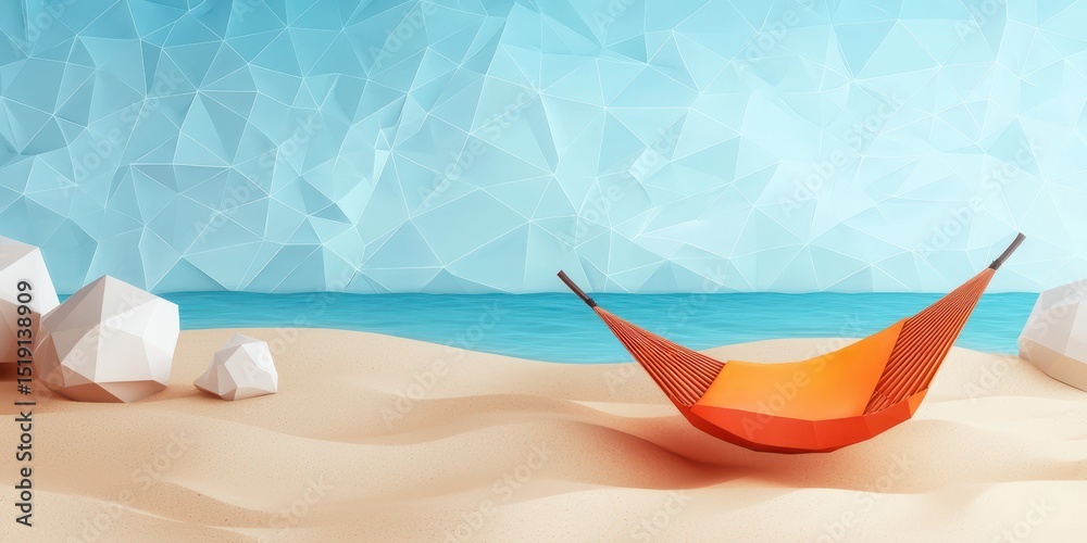 Poster relax hammock beach concept. hammock on a beach with geometric rocks and a bright blue sky in a styl